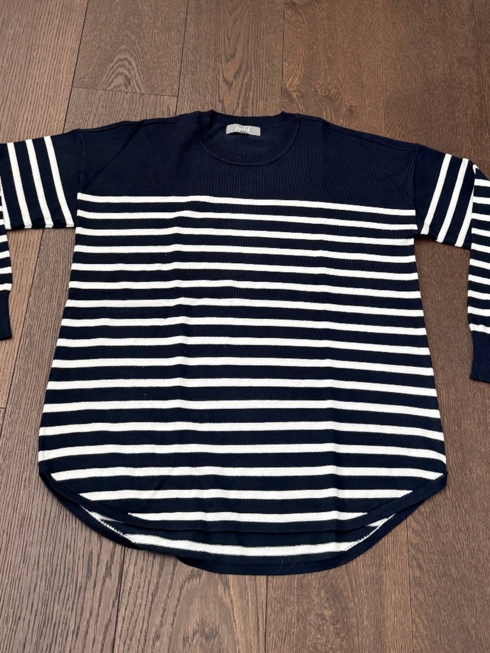 Marled Reunited Clothing L Navy Ivory Striped Tunic Sweater High Low